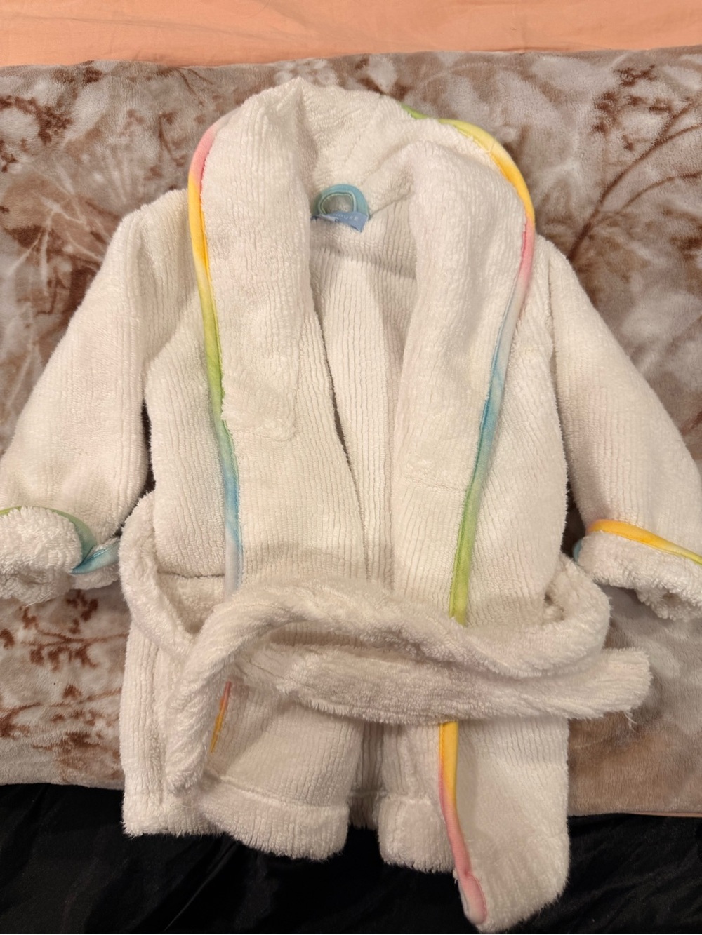 Hill House White Kids Plush Robe with Pastel Rainbow Trim